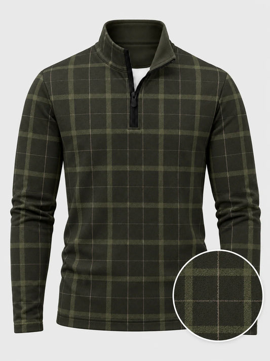 Golf-Pullover aus Funktionsmaterial in dunklem Olivgrün mit klassischem Heritage-Karomuster und Viertelreißverschluss