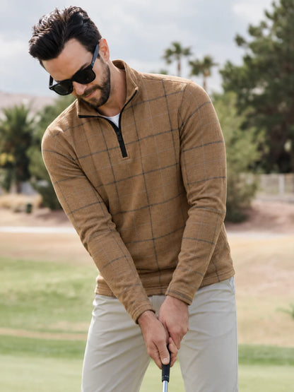 Kamelfarbener Performance-Quarter-Zip-Pullover mit Fensterkaromuster