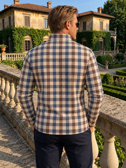 Golf-Pullover in Creme mit mehrfarbigem Karomuster und kurzem Reißverschluss